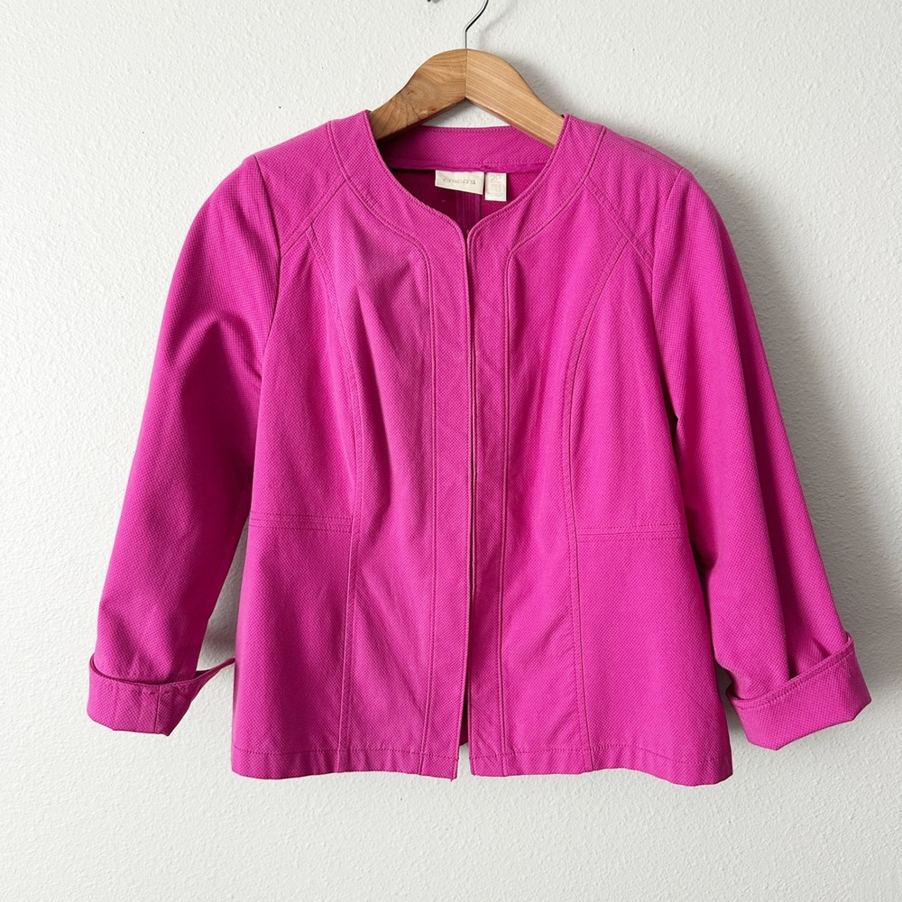 Chico's Size 2P Magenta Collarless Hook Eye Blazer‎ Jacket Women's Petite Large